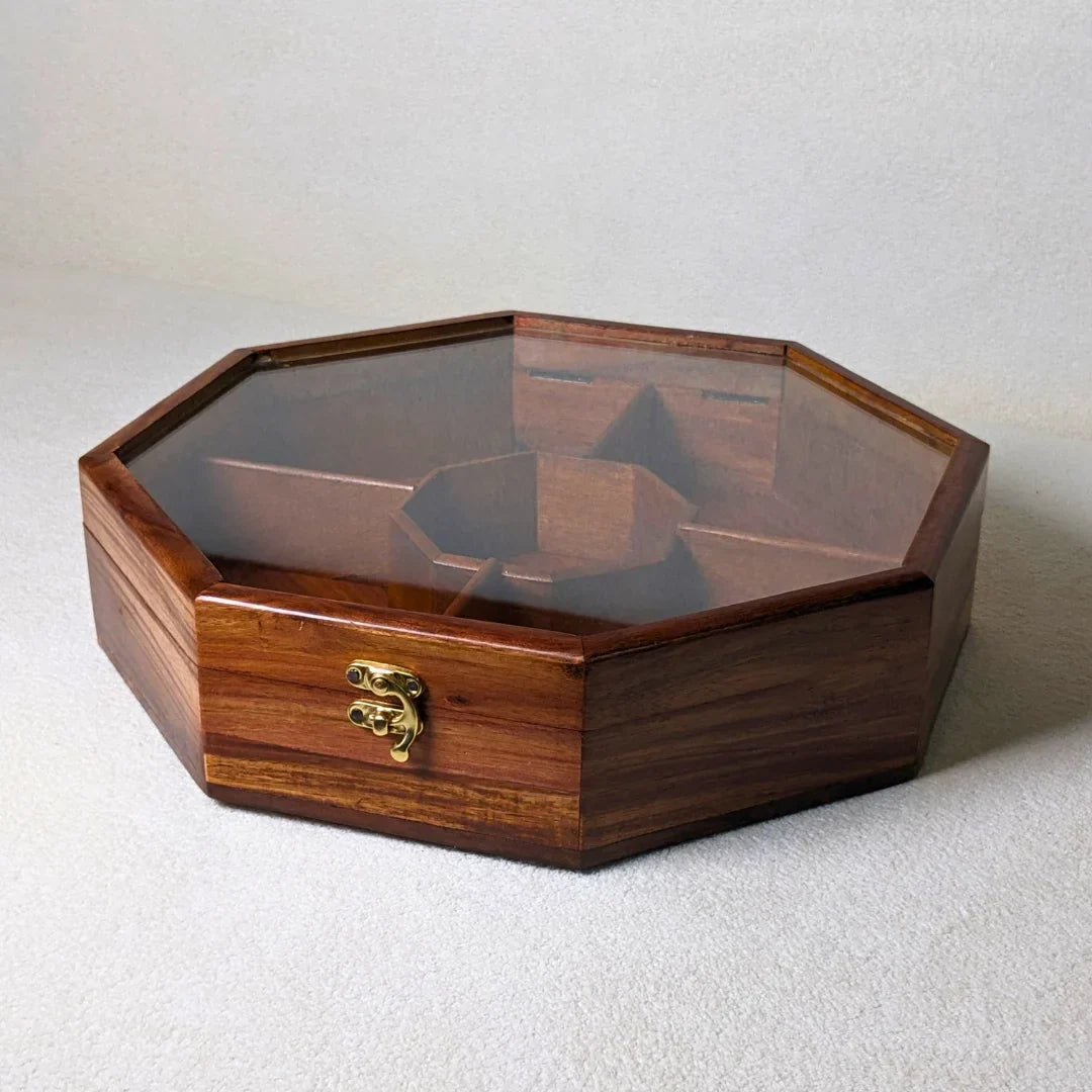 Wooden Octagon Dry Fruit Box with Glass Lid - Large