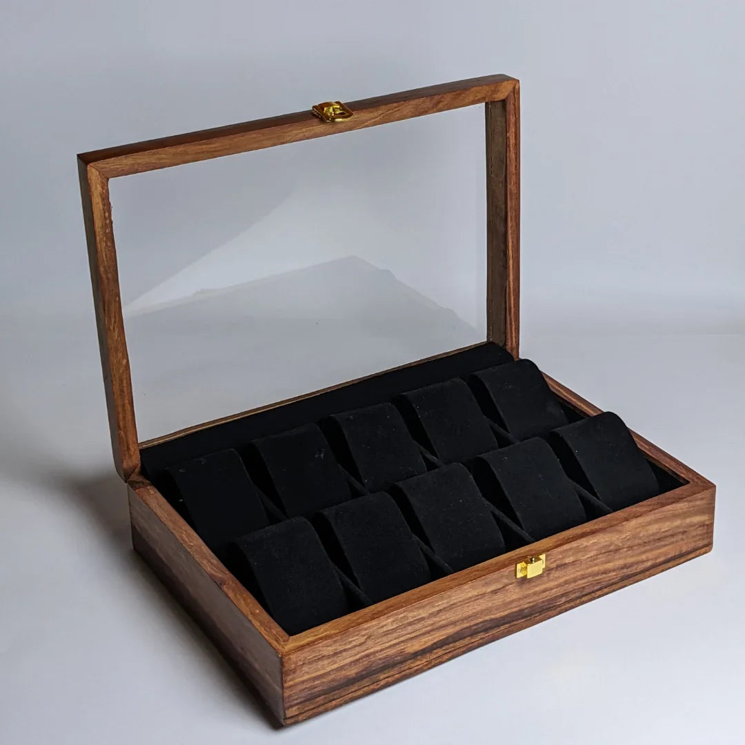 Wooden Watch Box with Glass Lid, Plain Design & Shape-Holding Cushions – Organizer for 10 Watches
