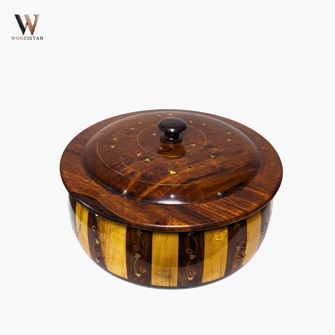 Handmade Wooden Striped Chapati Hotpot with Brass Artistry