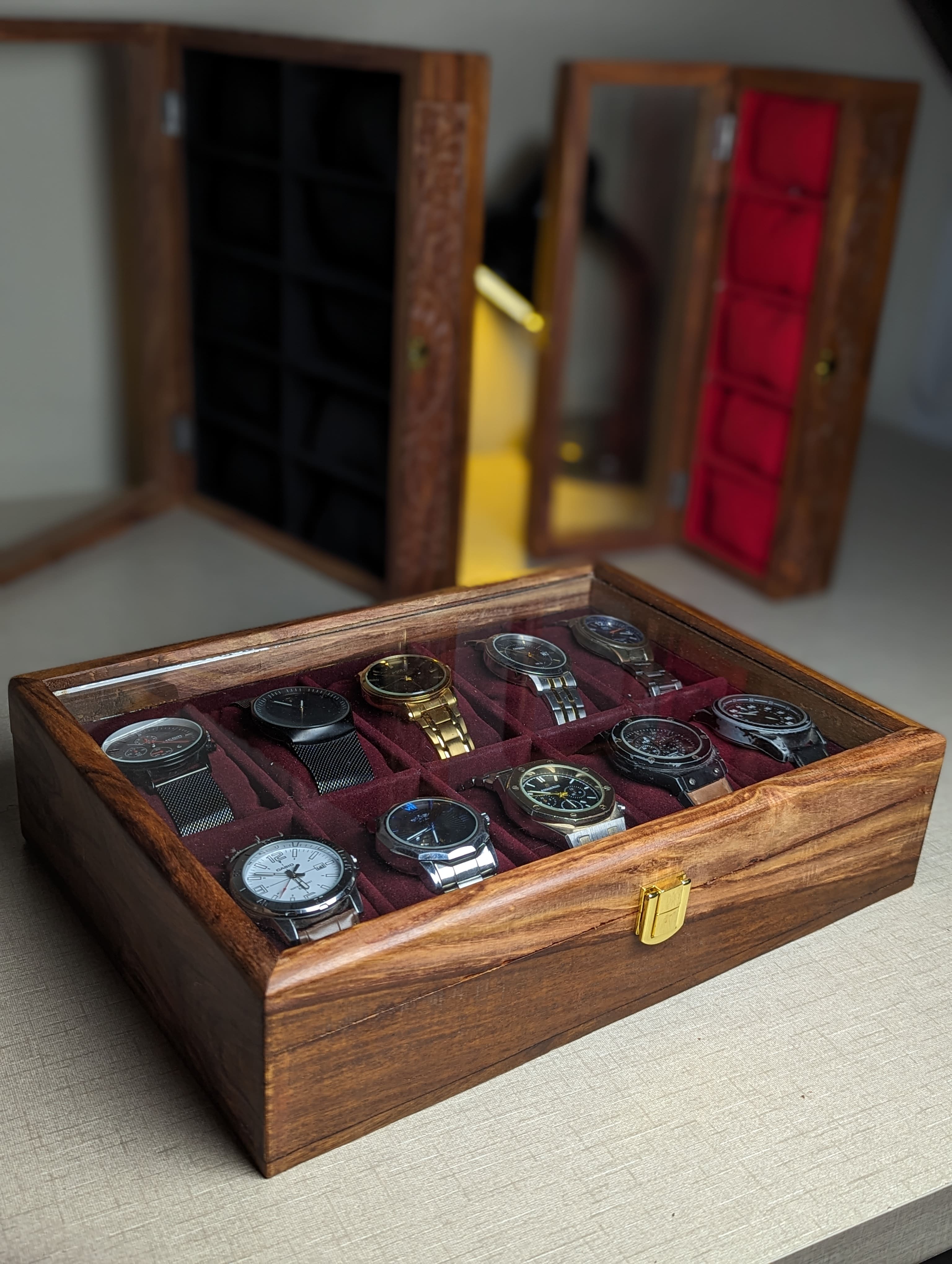 Wooden Watch Box with Glass Lid - Organizer for 10 Watches