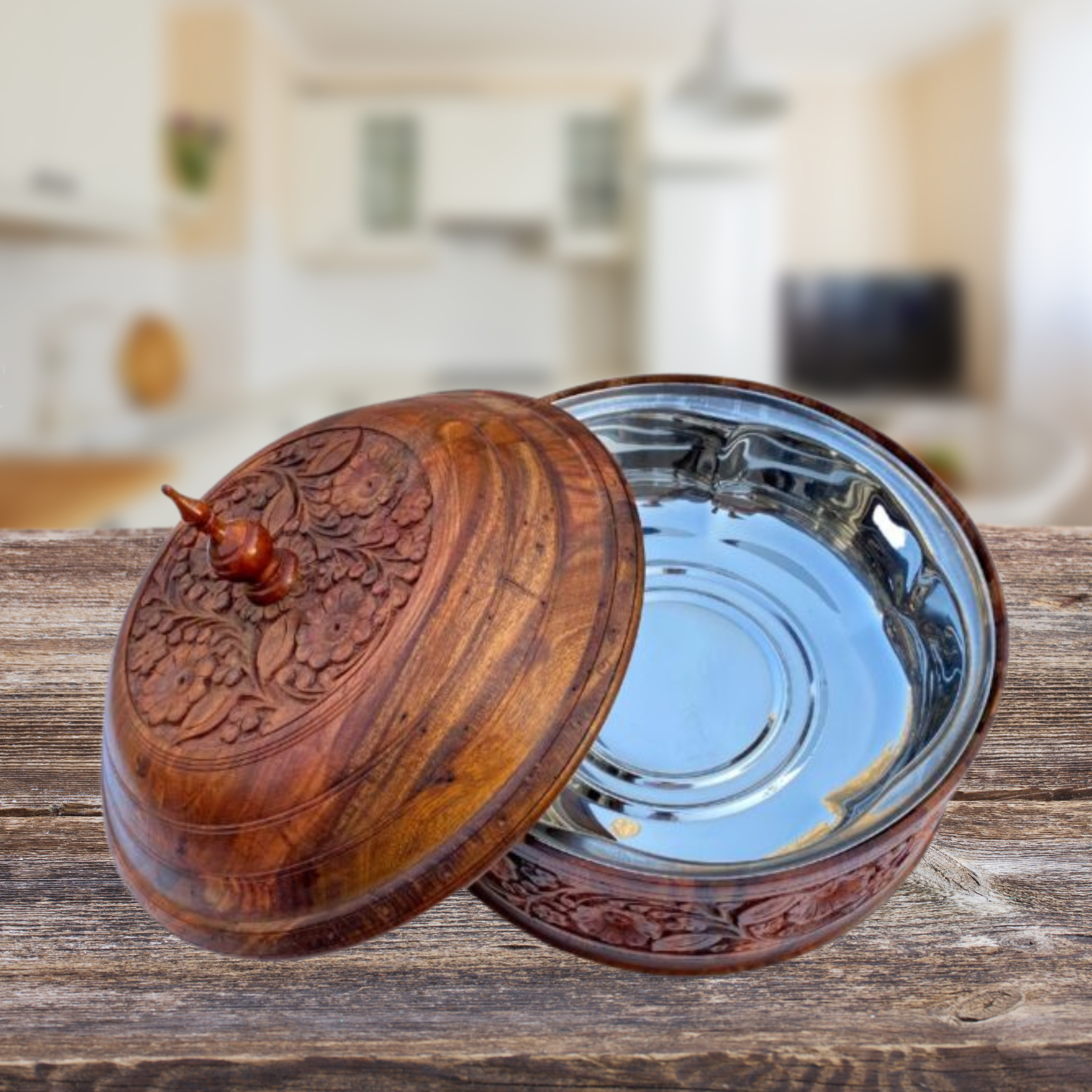 Rustic Hand-Carved Wooden Hotpot with Steel Bowl
