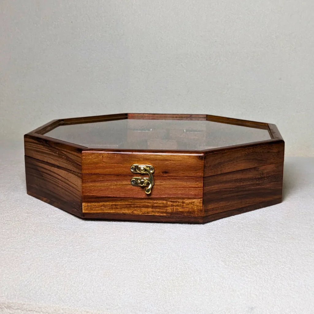 Wooden Octagon Dry Fruit Box with Glass Lid - Large