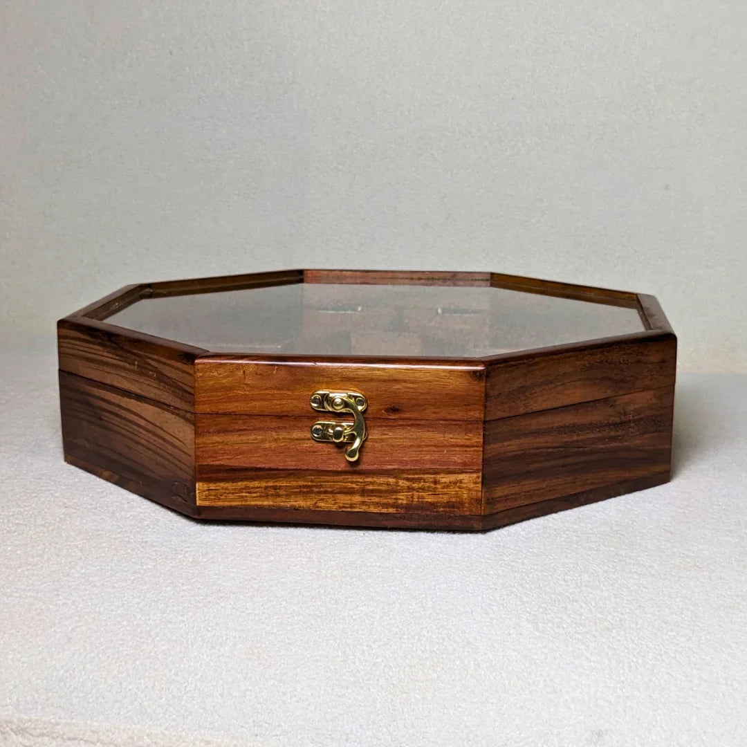 Wooden Octagon Dry Fruit Box with Glass Lid - Large