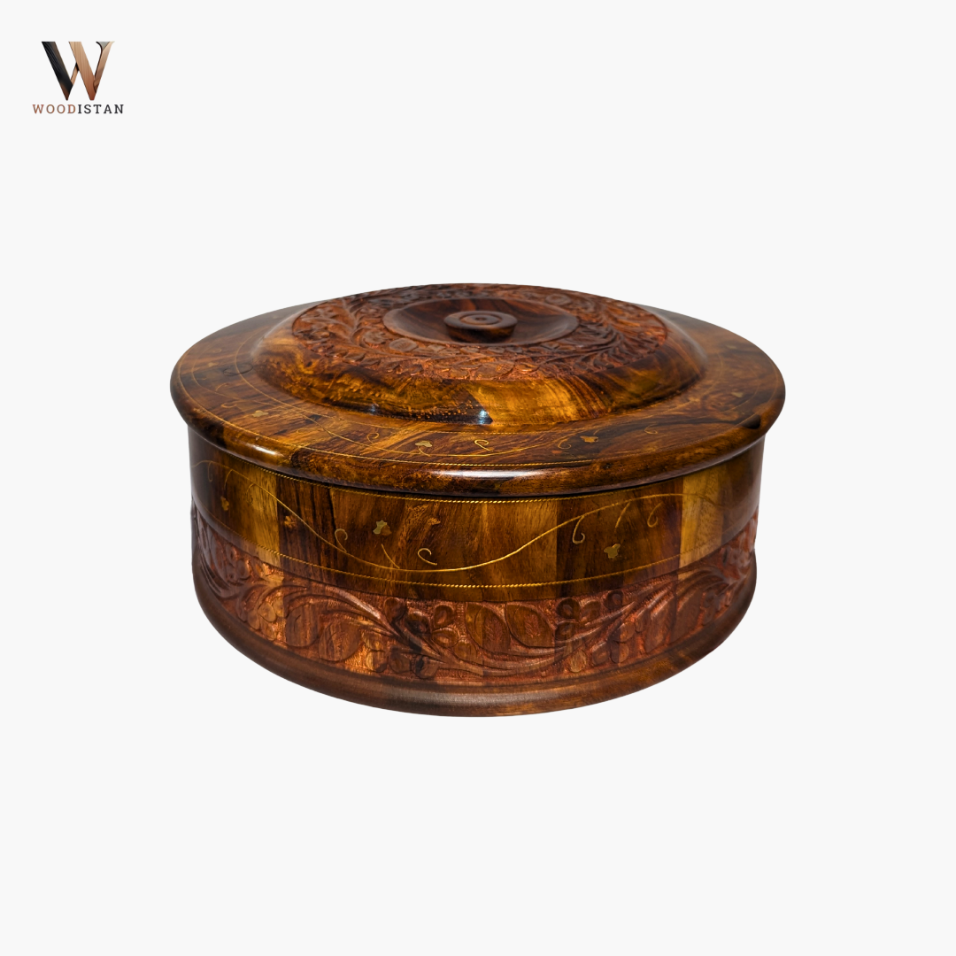 Handmade Wooden Chapati Hotpot with Carving & Brass Artwork