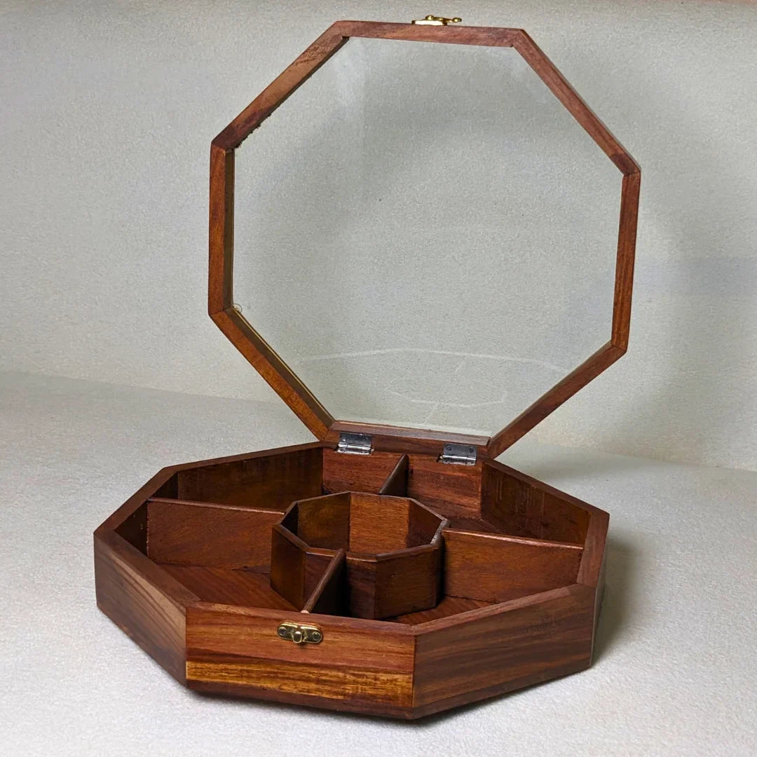 Wooden Octagon Dry Fruit Box with Glass Lid - Large