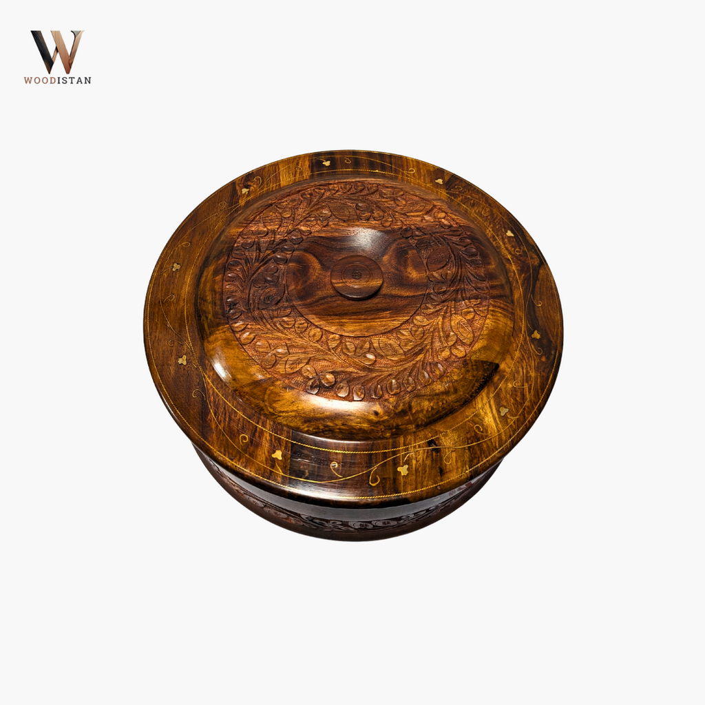 Handmade Wooden Chapati Hotpot with Carving & Brass Artwork
