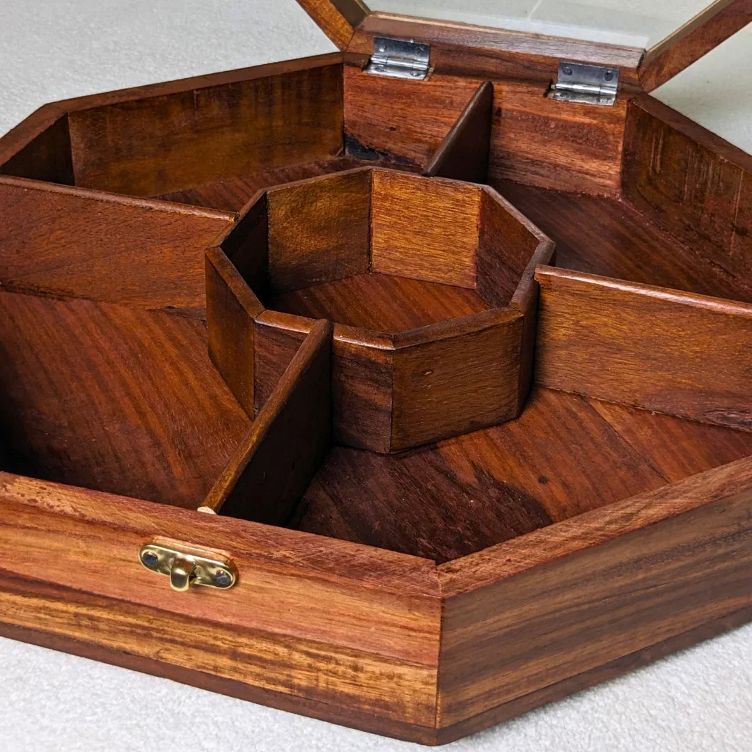 Wooden Octagon Dry Fruit Box with Glass Lid - Large