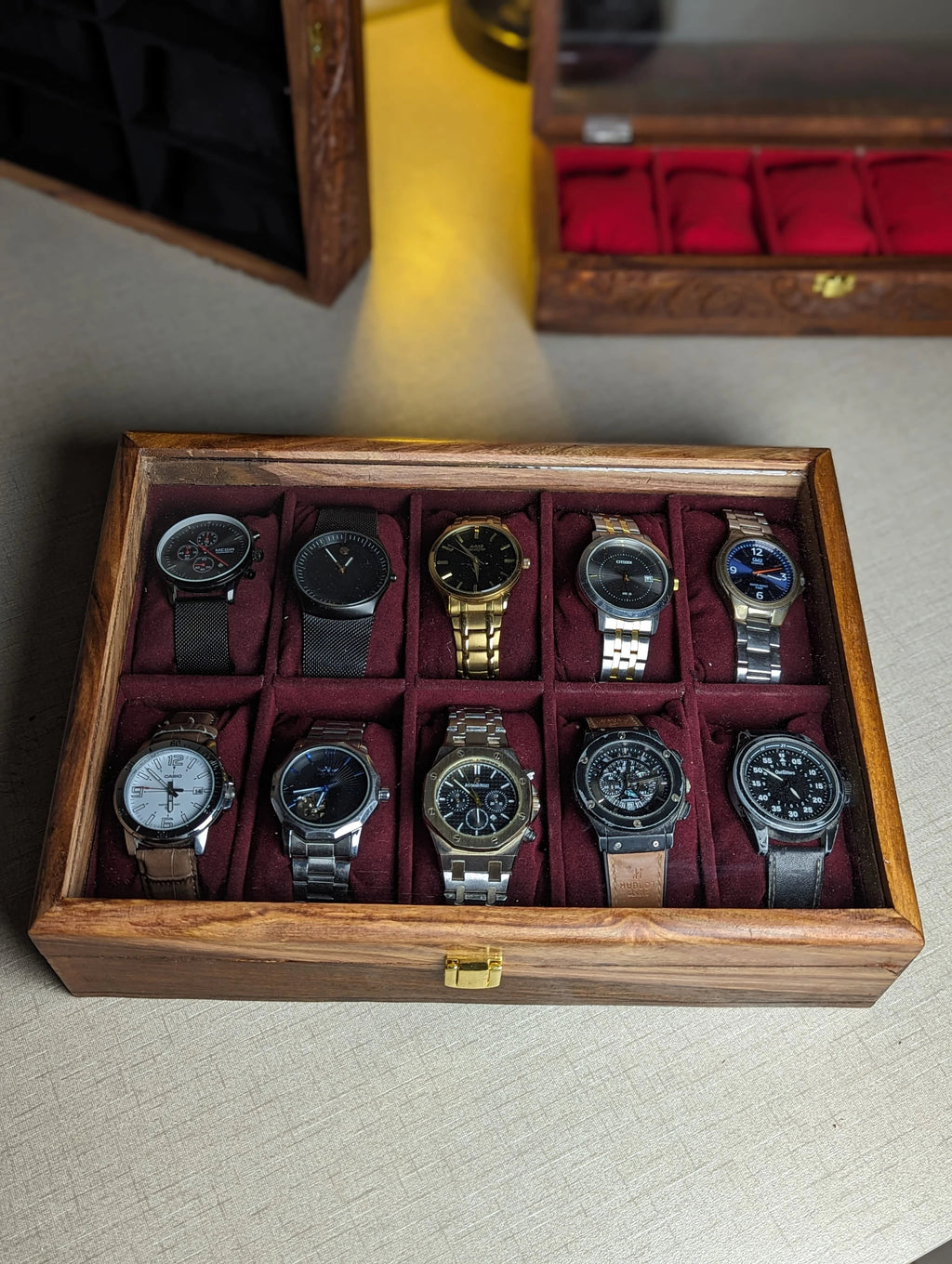 Wooden Watch Box with Glass Lid - Organizer for 10 Watches