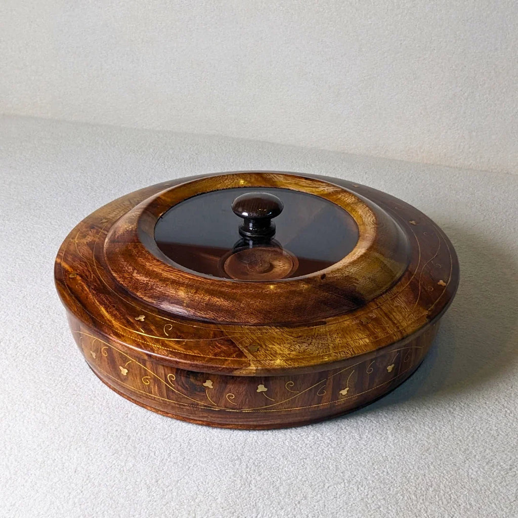 Wooden Dry Fruit Box with Glass Lid & Brass Art