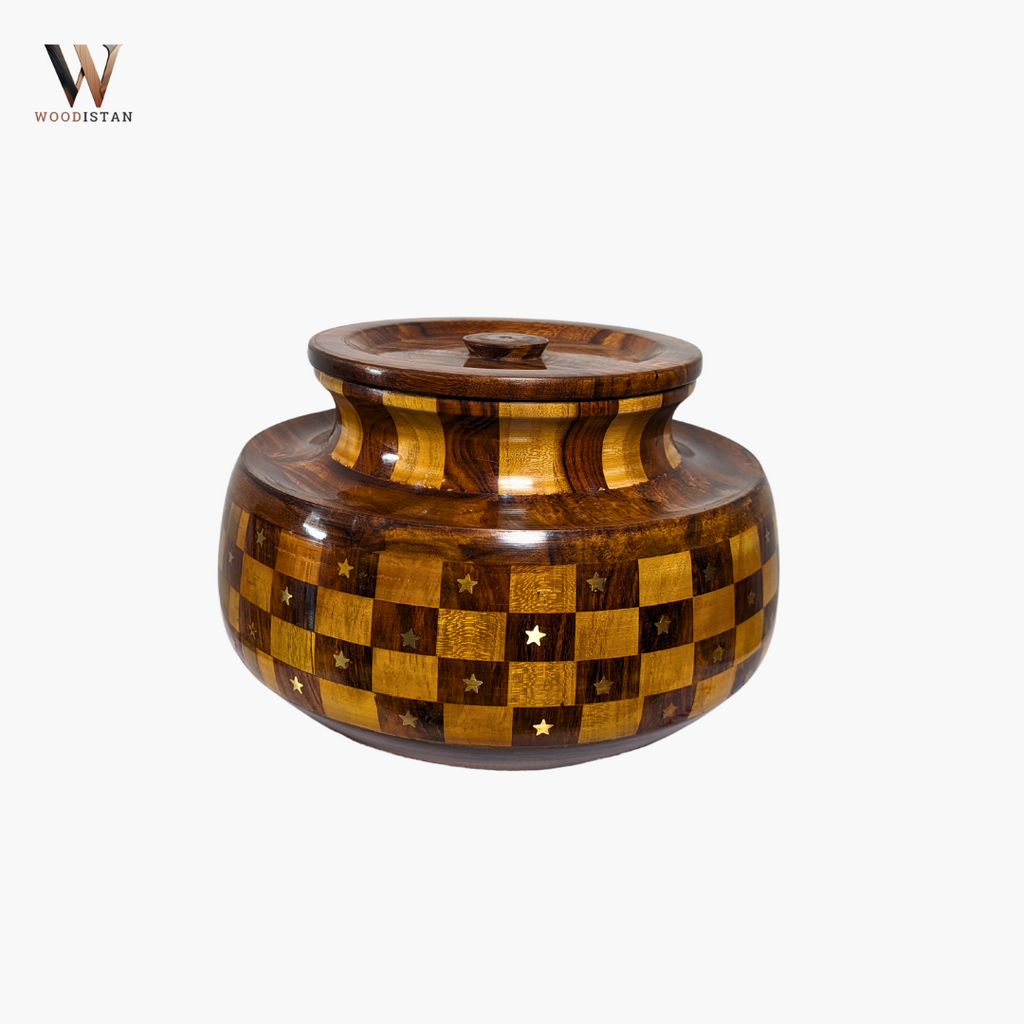 Handmade Wooden Daig Style Chapati Hotpot with Checkered Pattern