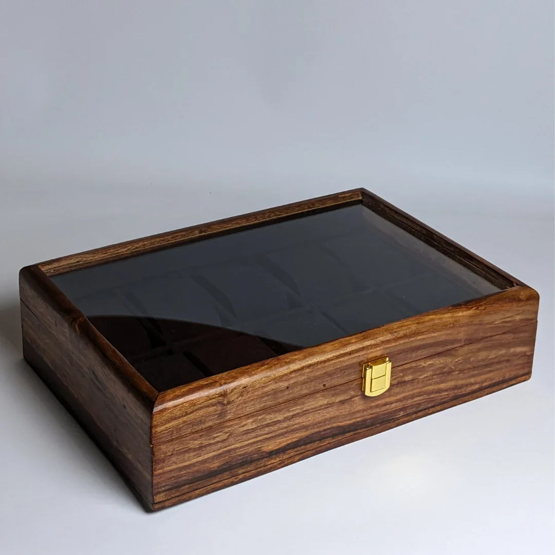 Wooden Watch Box with Glass Lid, Plain Design & Shape-Holding Cushions – Organizer for 10 Watches