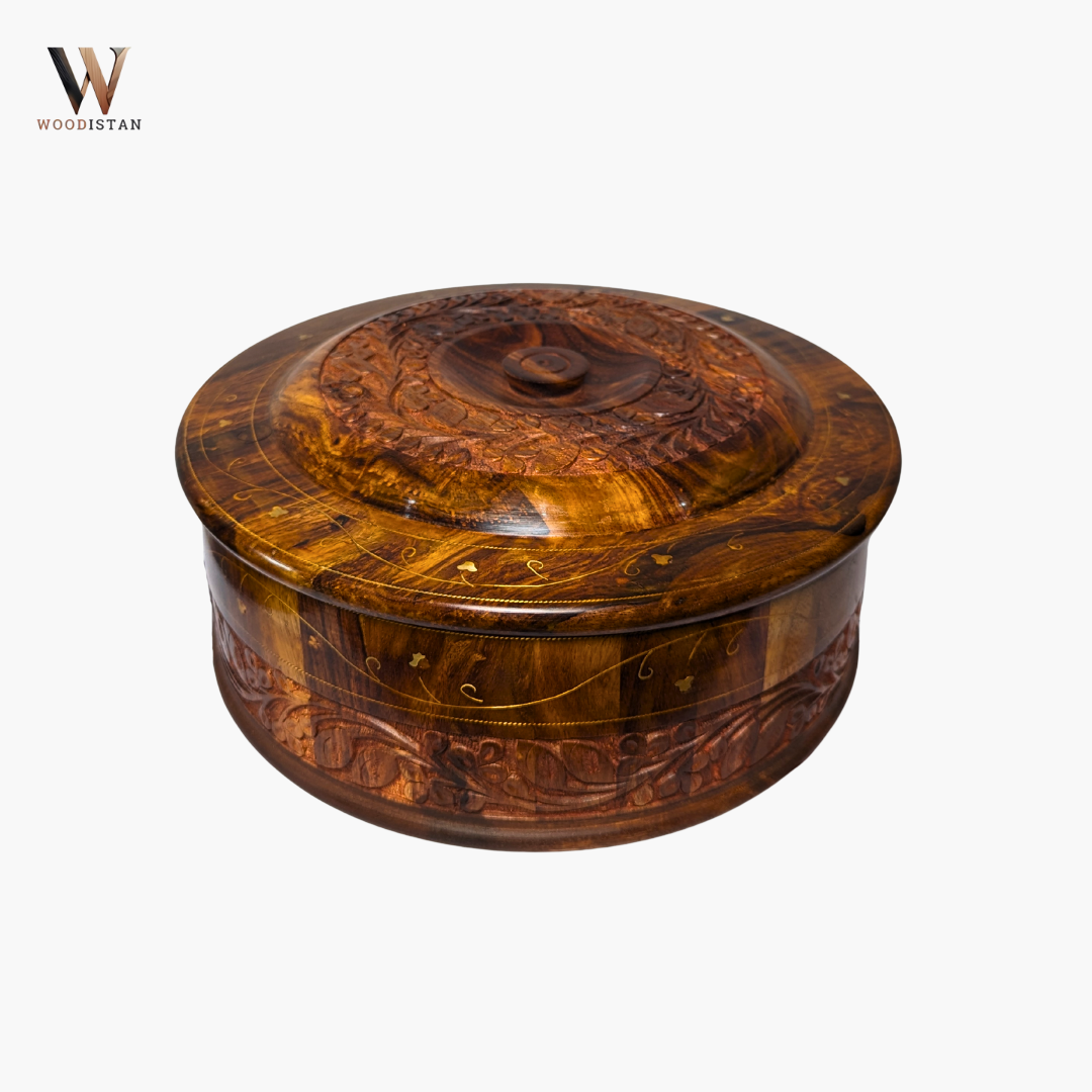 Handmade Wooden Chapati Hotpot with Carving & Brass Artwork