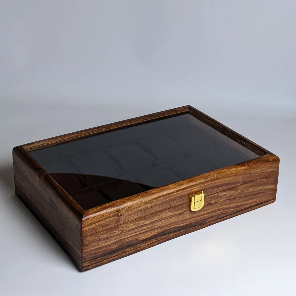Wooden Watch Box with Glass Lid, Plain Design & Shape-Holding Cushions – Organizer for 10 Watches