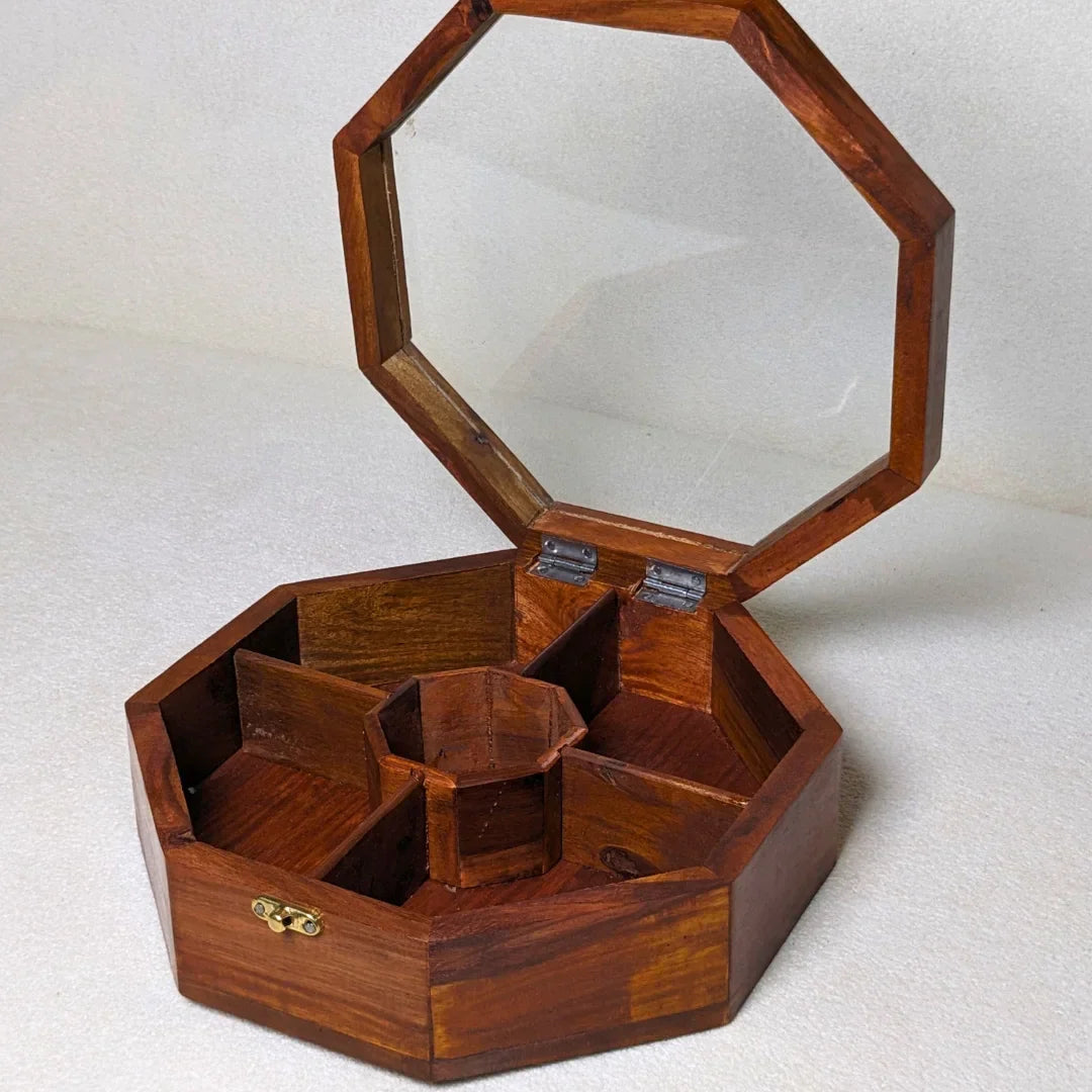 Wooden Octagon Dry Fruit Box with Glass Lid