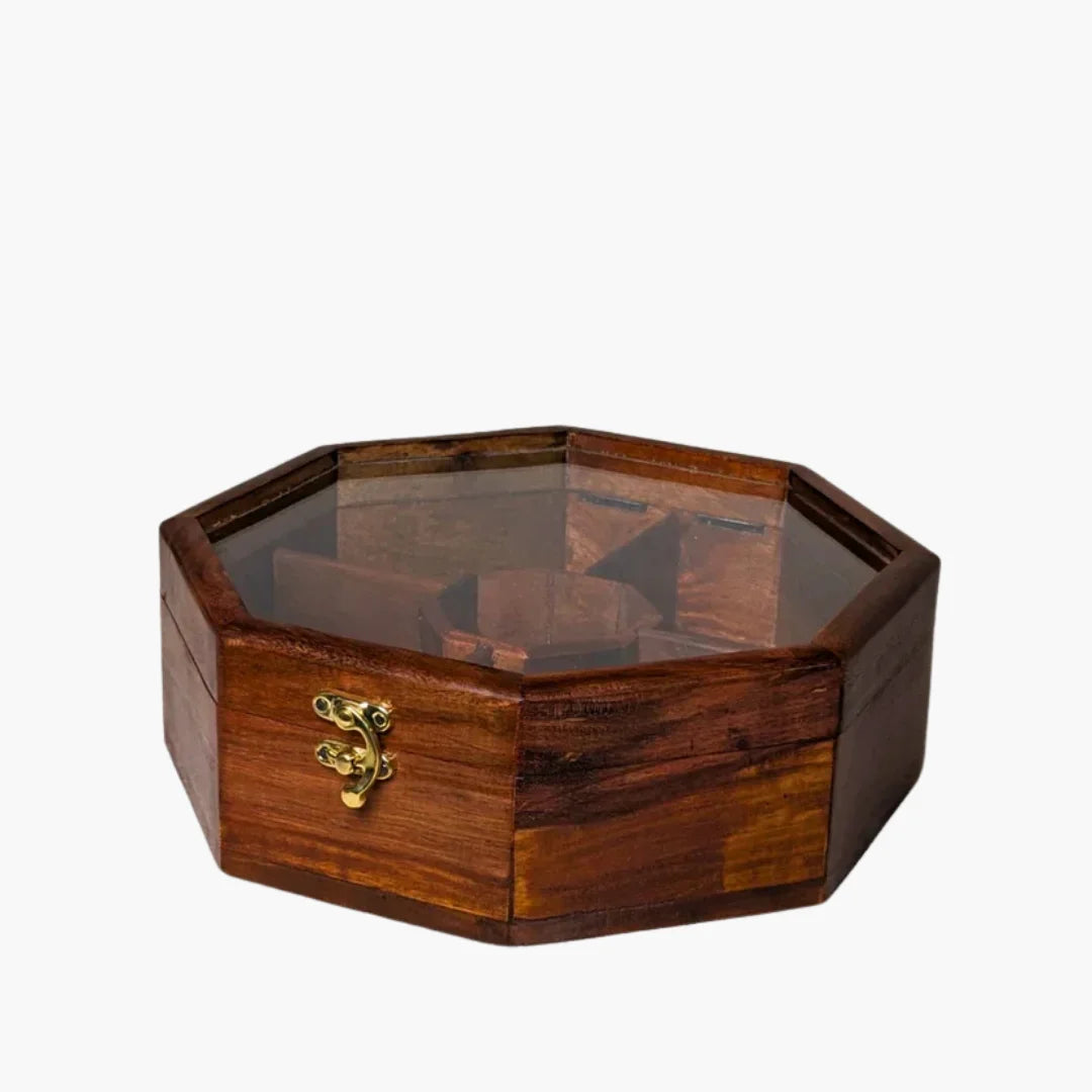 Wooden Octagon Dry Fruit Box with Glass Lid