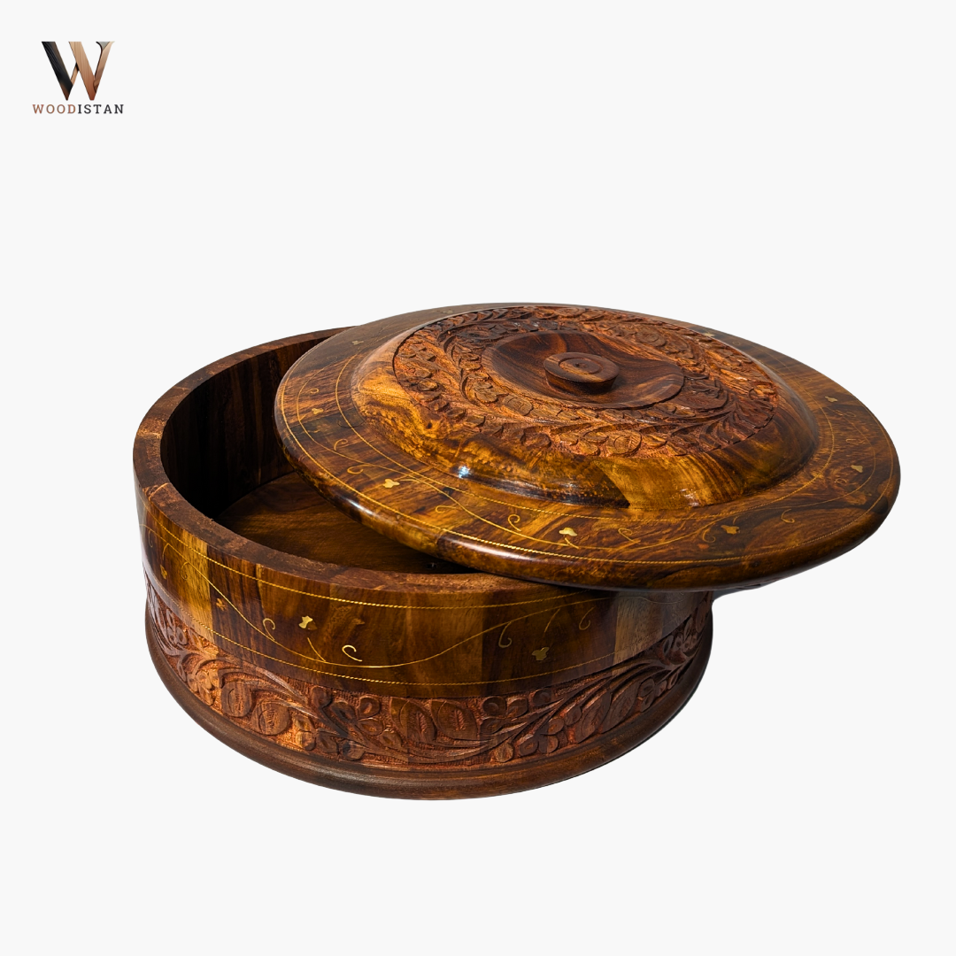 Handmade Wooden Chapati Hotpot with Carving & Brass Artwork
