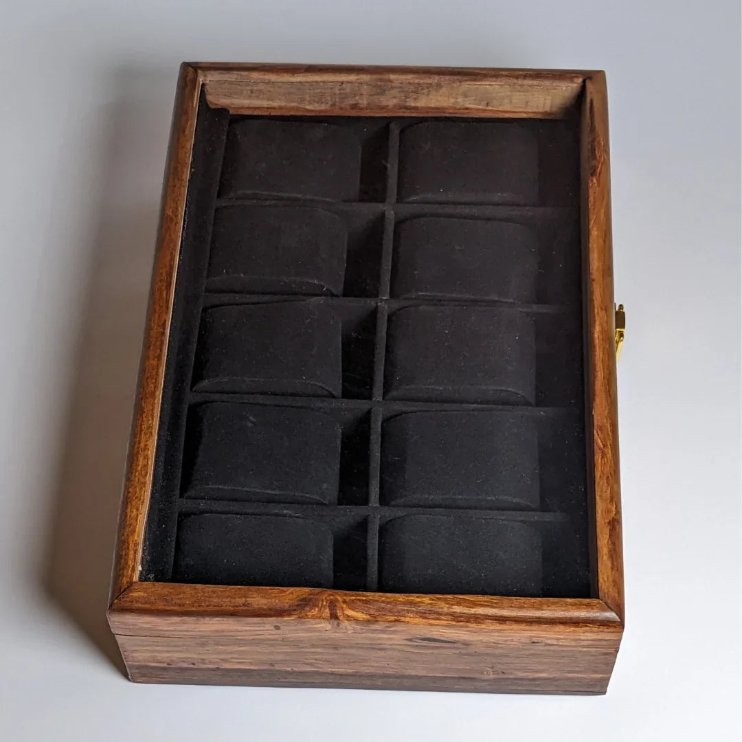 Wooden Watch Box with Glass Lid, Plain Design & Shape-Holding Cushions – Organizer for 10 Watches