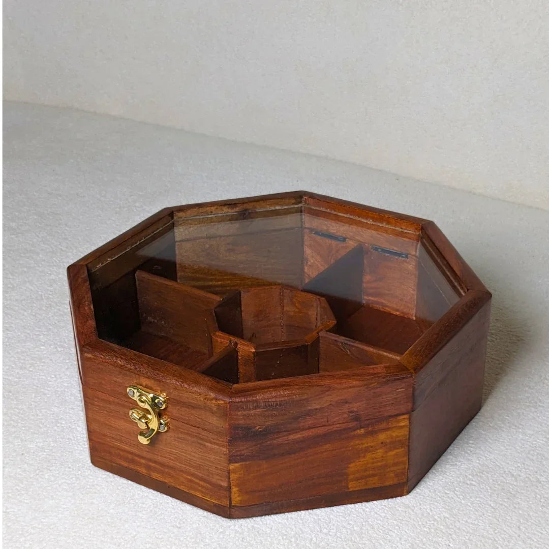 Wooden Octagon Dry Fruit Box with Glass Lid