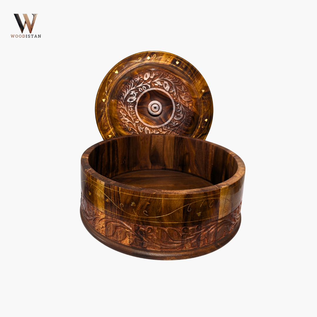 Handmade Wooden Chapati Hotpot with Carving & Brass Artwork