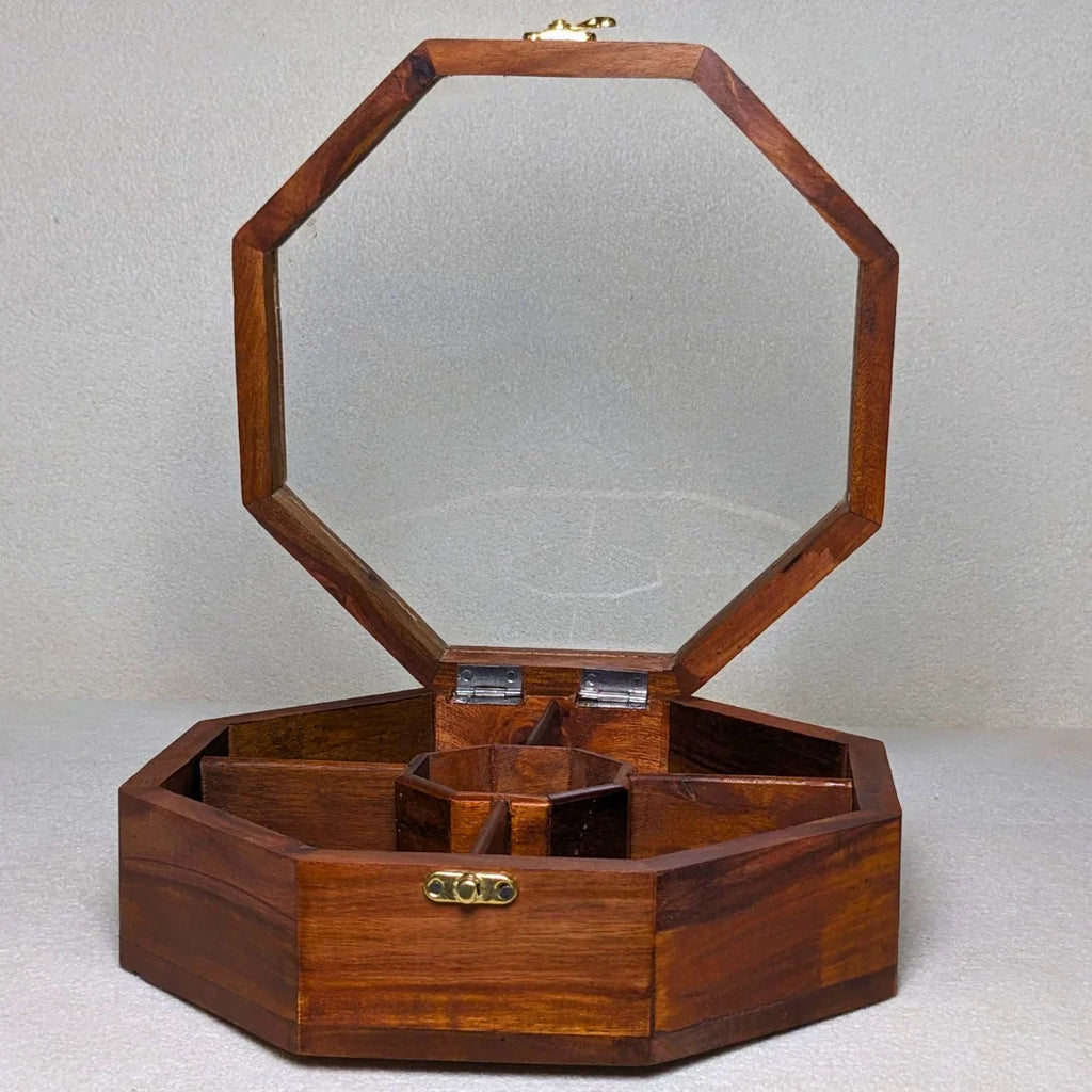 Wooden Octagon Dry Fruit Box with Glass Lid