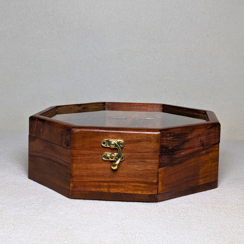 Wooden Octagon Dry Fruit Box with Glass Lid