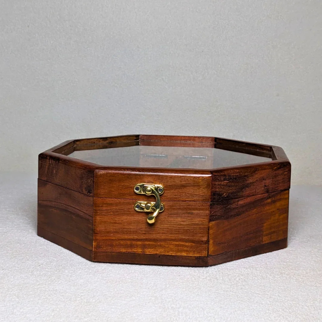Wooden Octagon Dry Fruit Box with Glass Lid