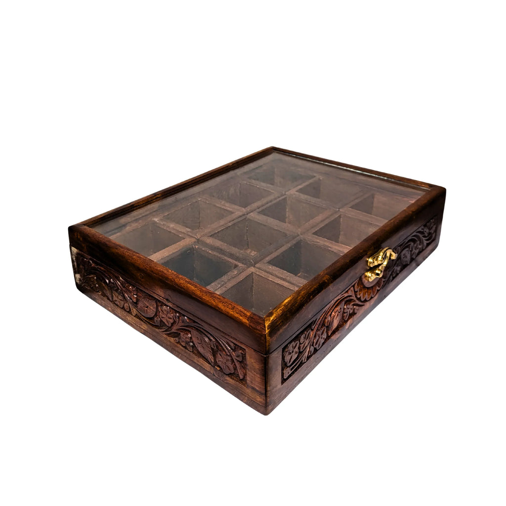 12 Portion Wooden Spices Box with Carving Art - Traditional Kitchen Storage