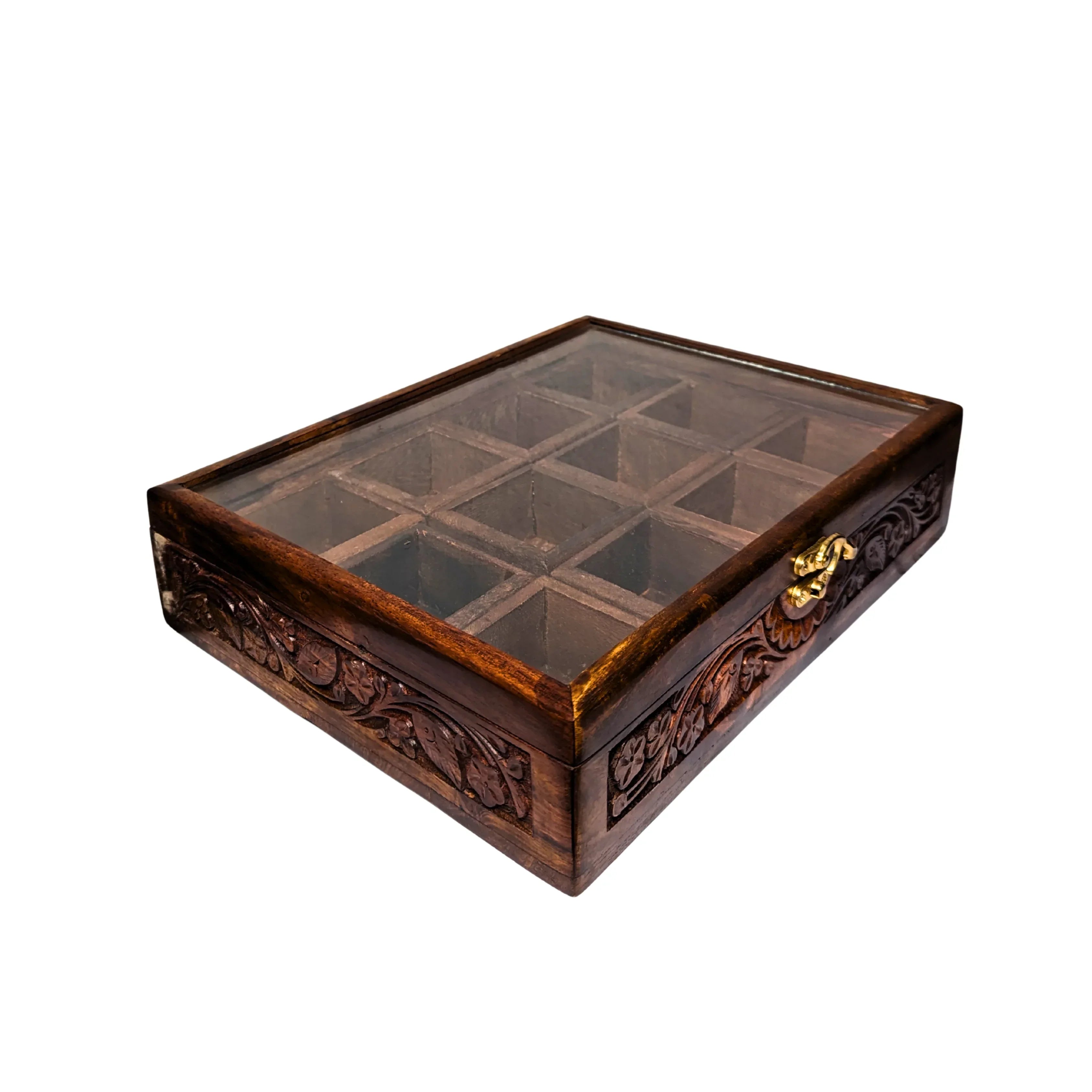 12 Portion Wooden Spices Box with Carving Art - Traditional Kitchen Storage