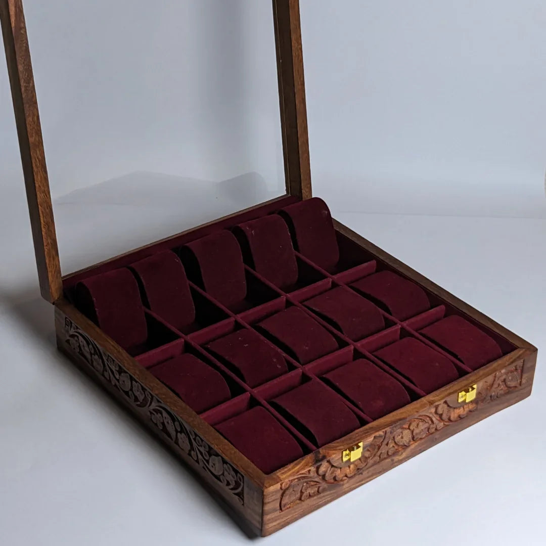 Wooden Watch Box with Glass Lid, Carving Art & Shape-Holding Cushions – Organizer for 15 Watches
