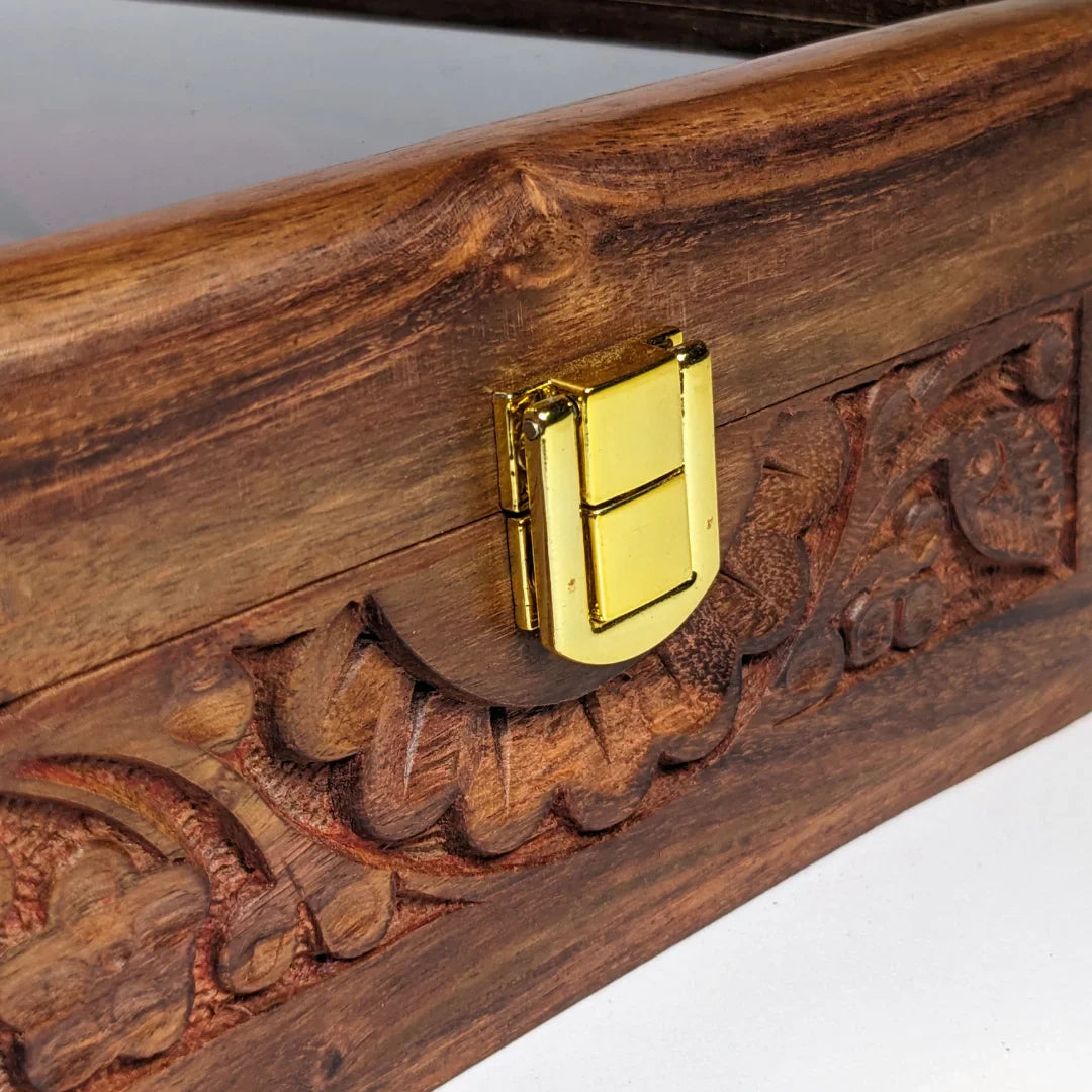 Wooden Watch Box with Glass Lid, Carving Art & Shape-Holding Cushions – Organizer for 15 Watches