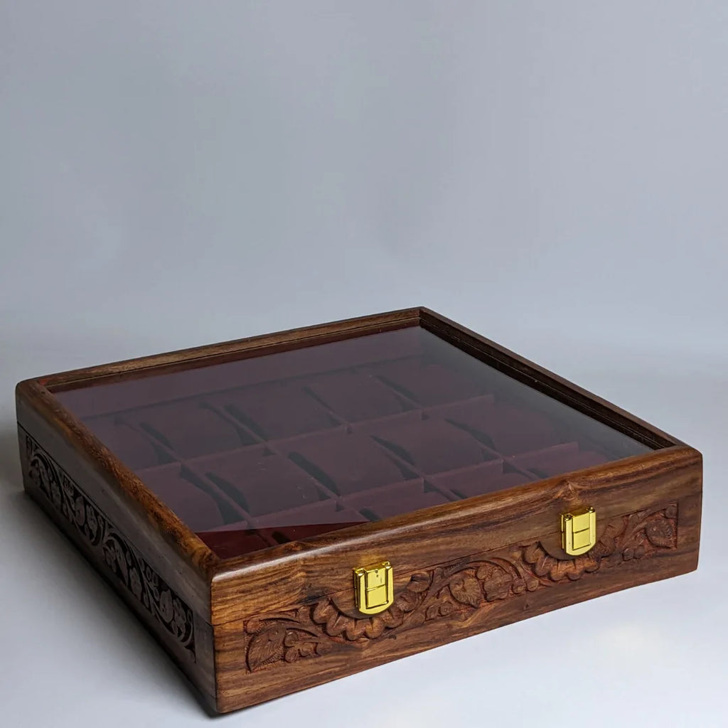 Wooden Watch Box with Glass Lid, Carving Art & Shape-Holding Cushions – Organizer for 15 Watches