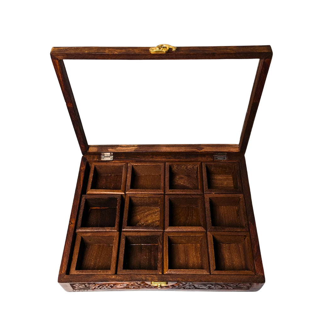 12 Portion Wooden Spices Box with Carving Art - Traditional Kitchen Storage