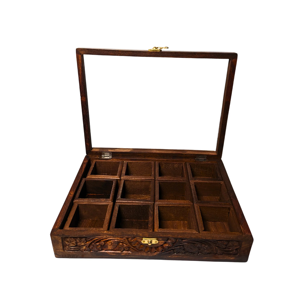 12 Portion Wooden Spices Box with Carving Art - Traditional Kitchen Storage