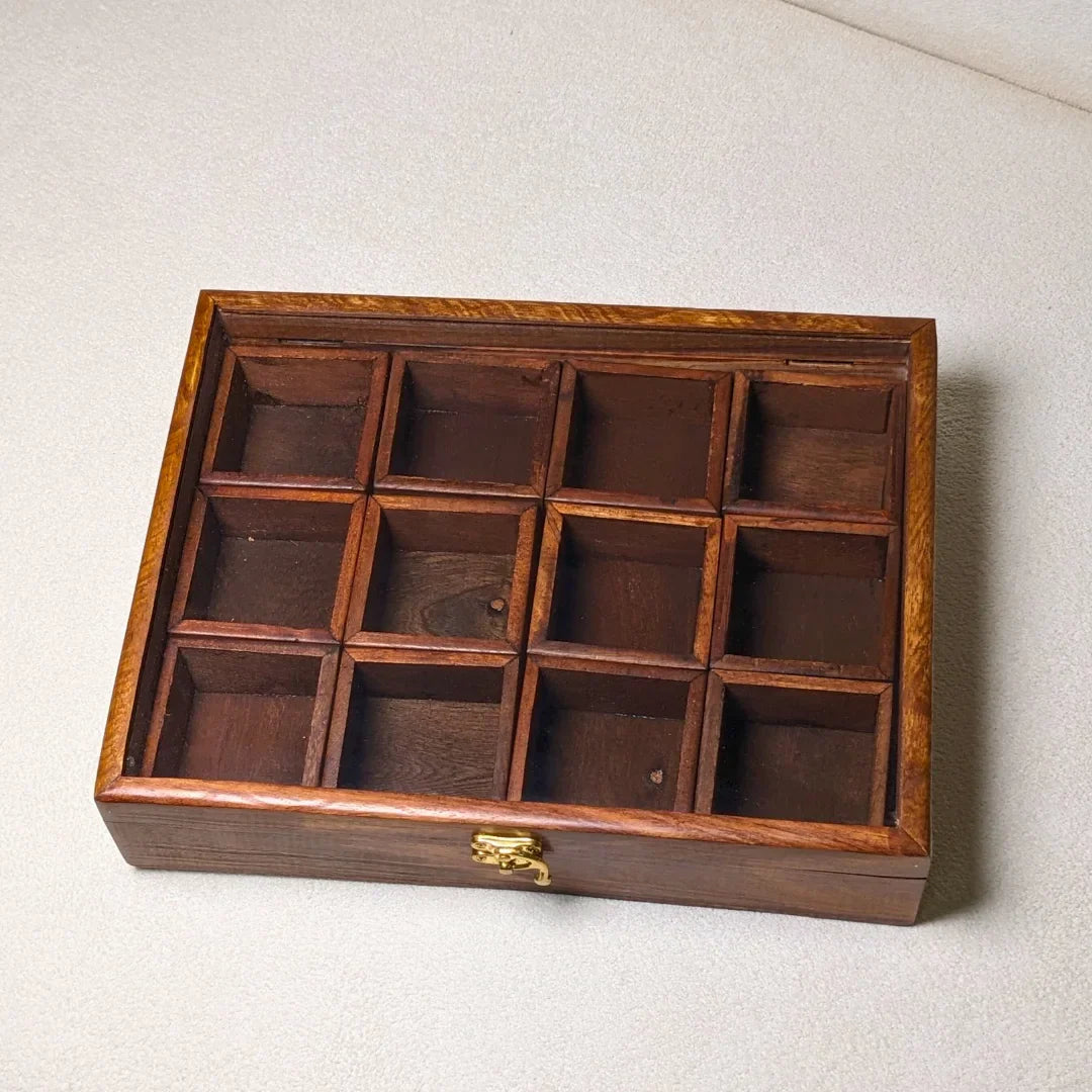 12 Portion Handmade Natural Wood Spices Box