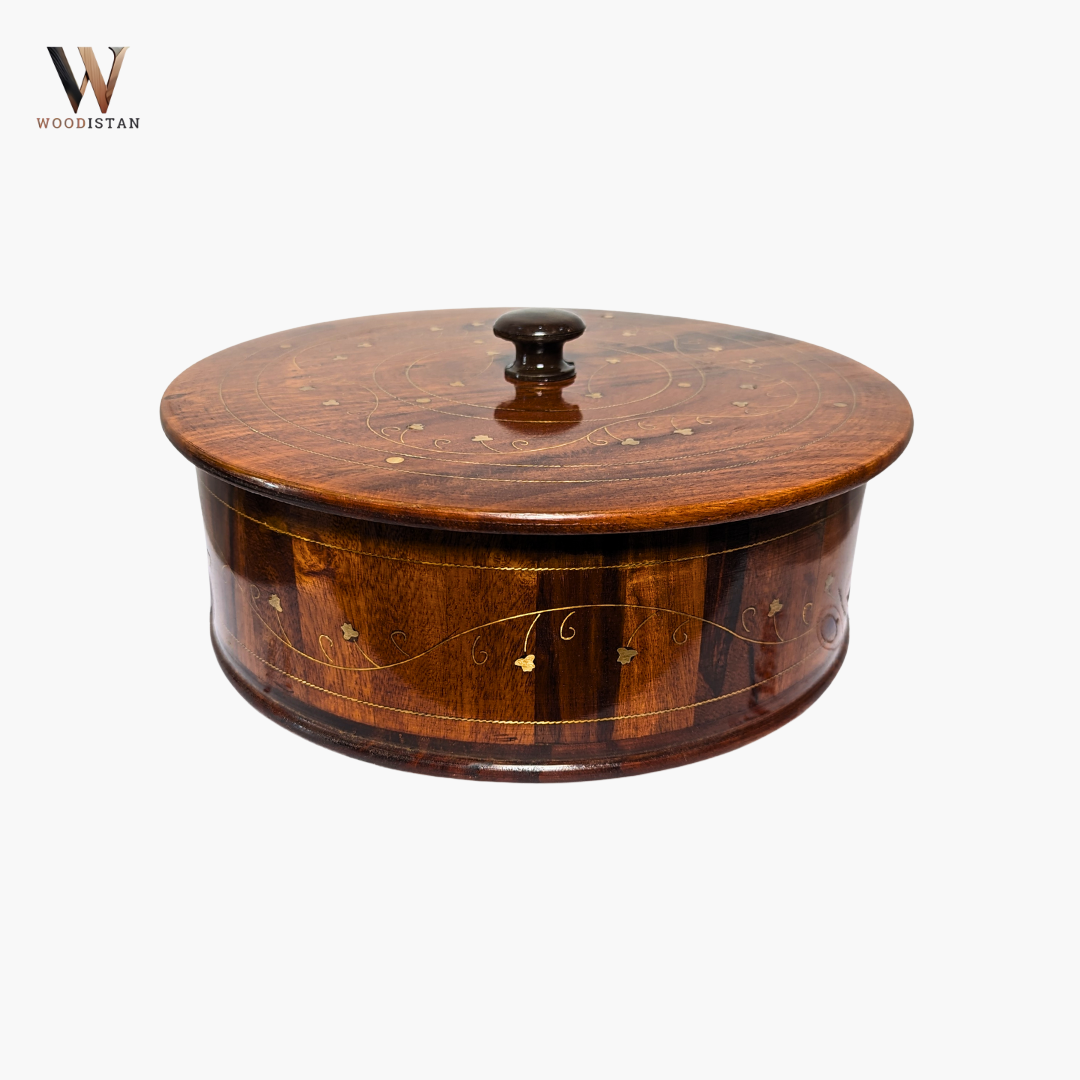 Handmade Wooden Chapati Hotpot with Brass Artwork