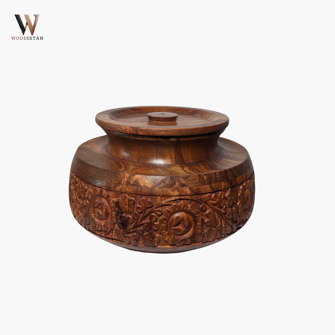 Handmade Wooden Daig Style Chapati Hotpot with Carving Art