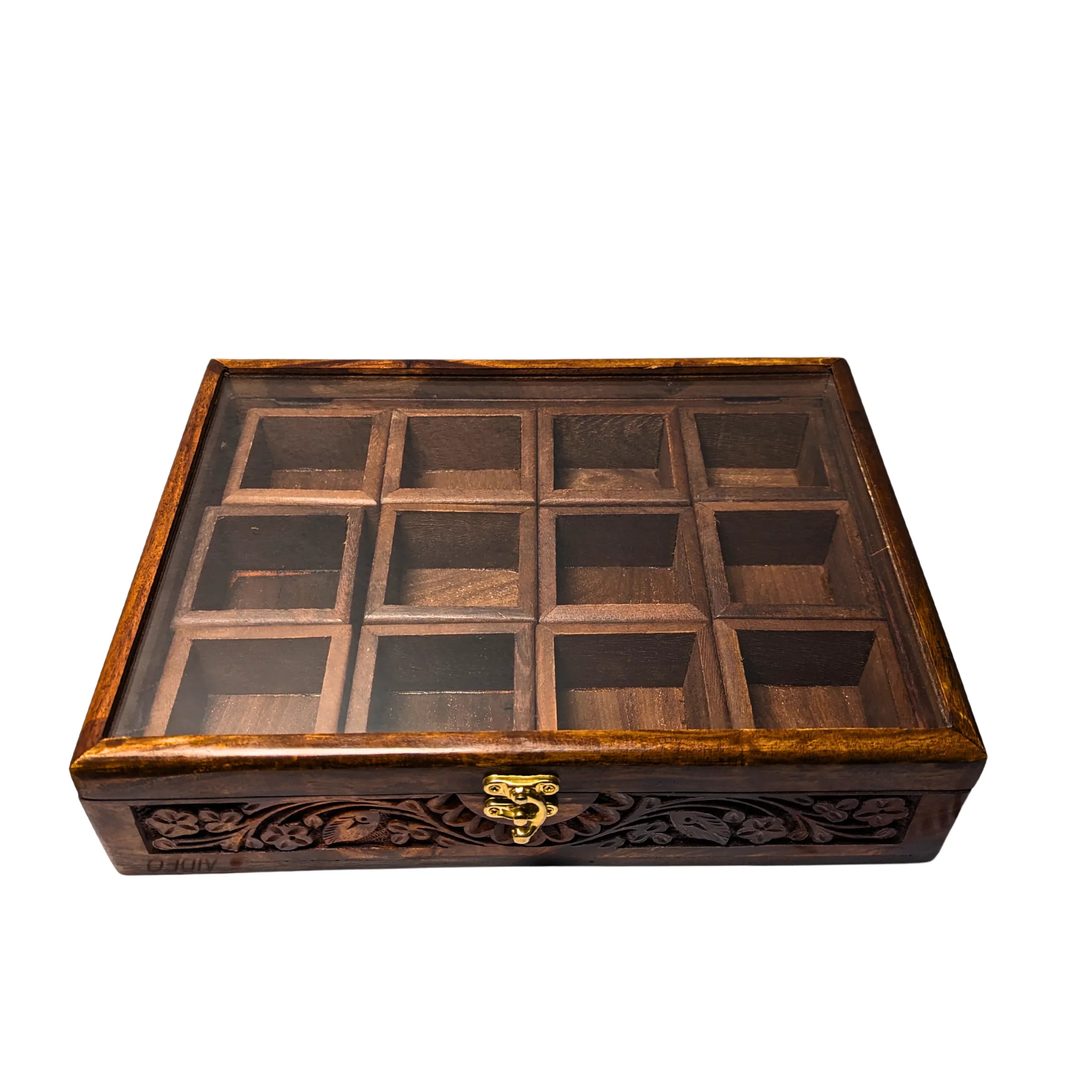 12 Portion Wooden Spices Box with Carving Art - Traditional Kitchen Storage