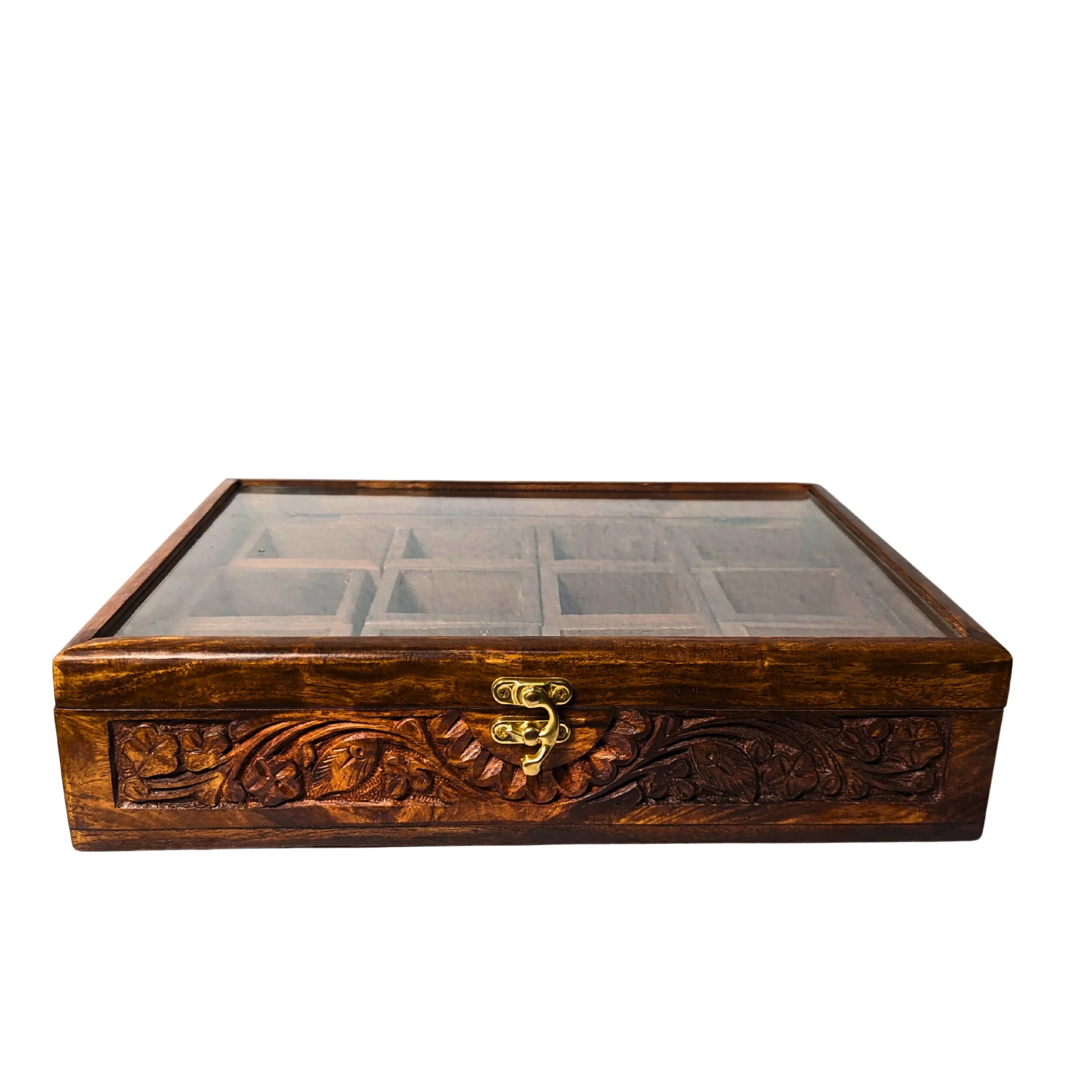 12 Portion Wooden Spices Box with Carving Art - Traditional Kitchen Storage