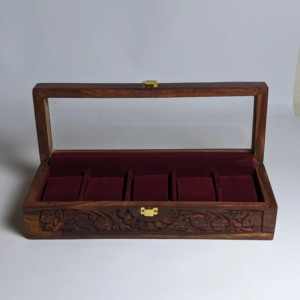 Wooden Watch Box with Glass Lid, Carving Art & Shape-Holding Cushions – Organizer for 5 Watches