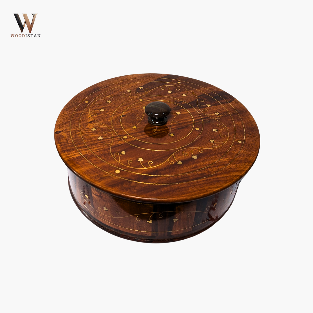 Handmade Wooden Chapati Hotpot with Brass Artwork