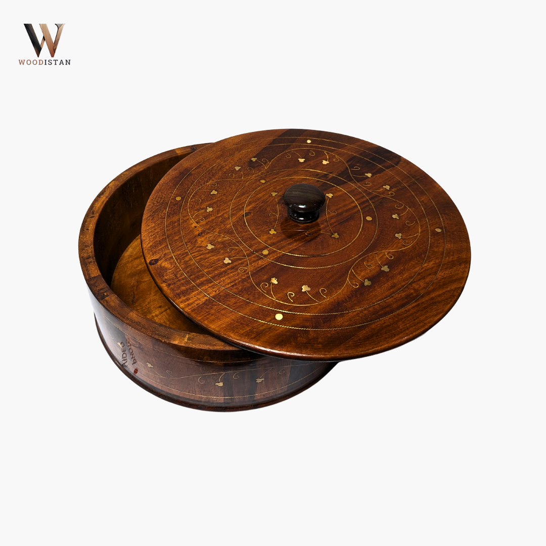 Handmade Wooden Chapati Hotpot with Brass Artwork
