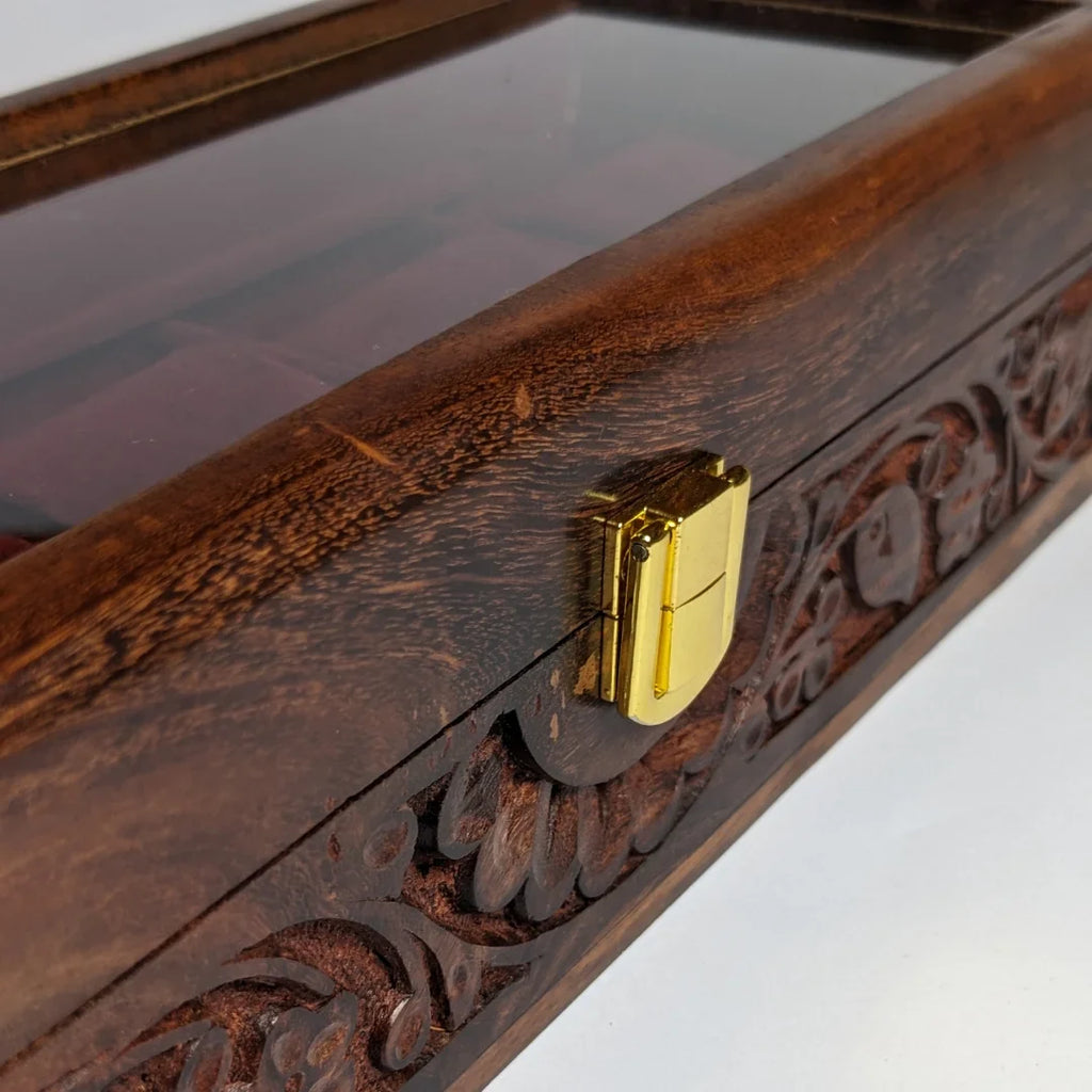 Wooden Watch Box with Glass Lid, Carving Art & Shape-Holding Cushions – Organizer for 5 Watches