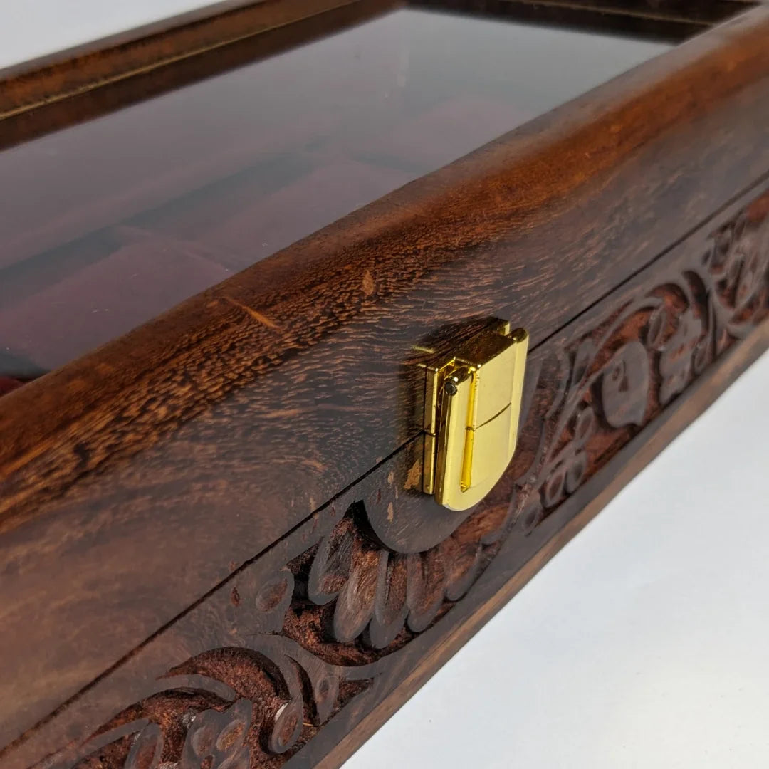 Wooden Watch Box with Glass Lid, Carving Art & Shape-Holding Cushions – Organizer for 5 Watches