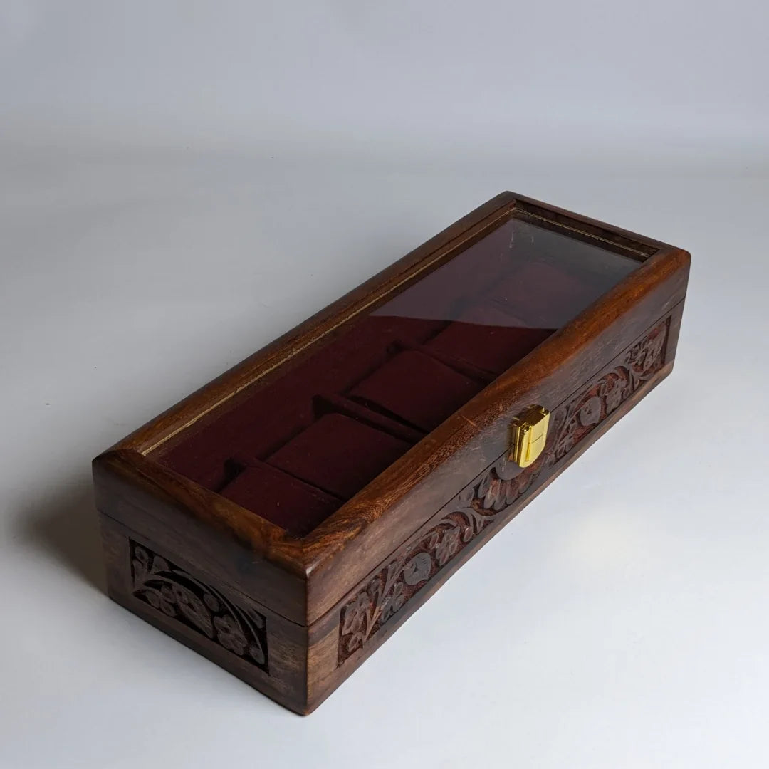 Wooden Watch Box with Glass Lid, Carving Art & Shape-Holding Cushions – Organizer for 5 Watches