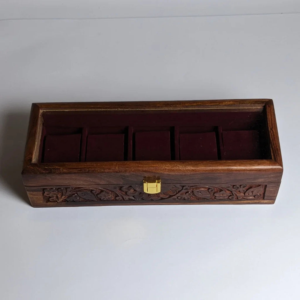 Wooden Watch Box with Glass Lid, Carving Art & Shape-Holding Cushions – Organizer for 5 Watches