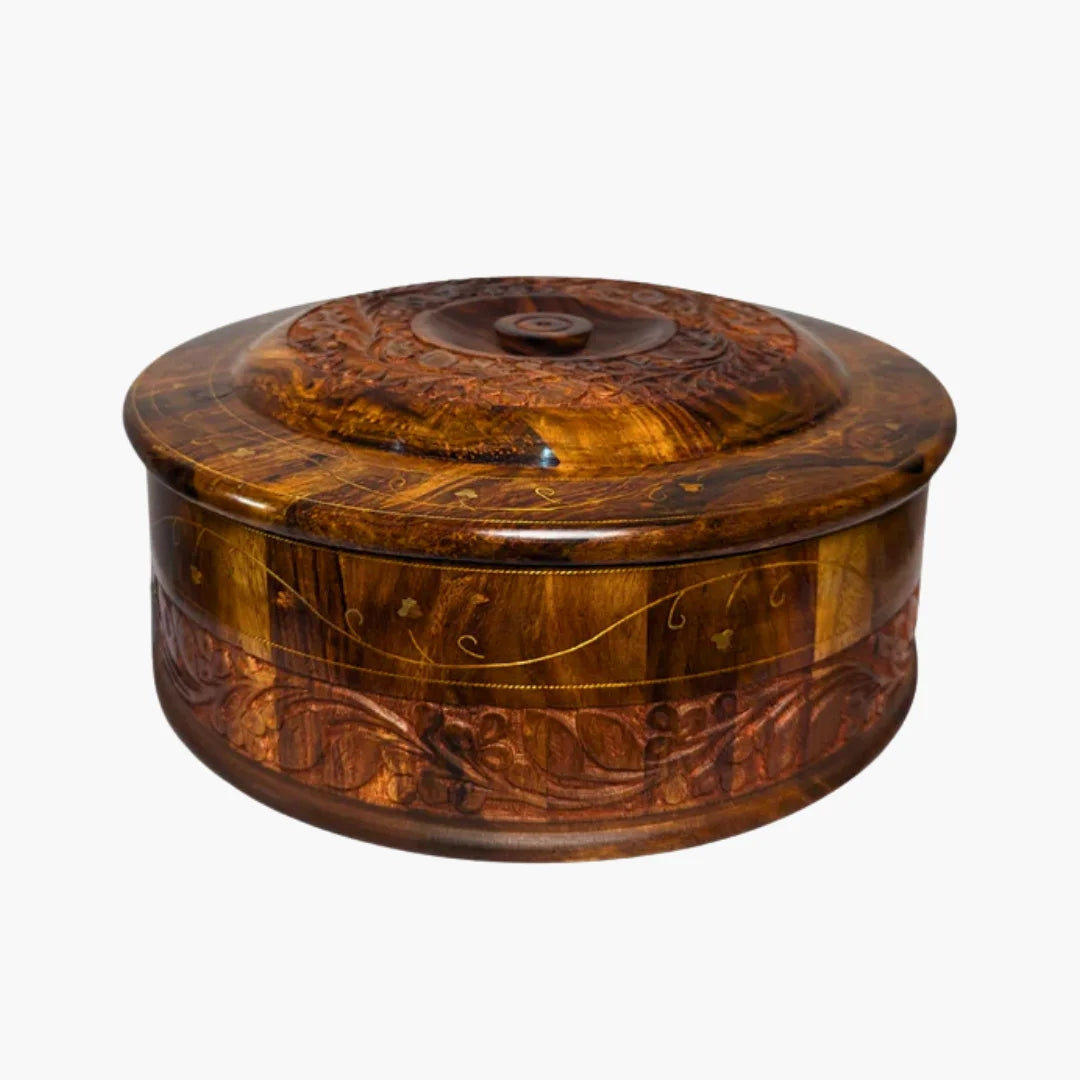 Handmade Wooden Chapati Hotpot with Carving & Brass Artwork