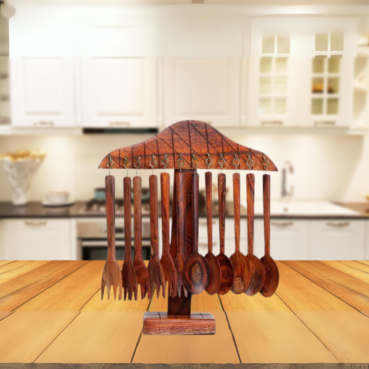 Wooden Spoon & Fork Set with Stand