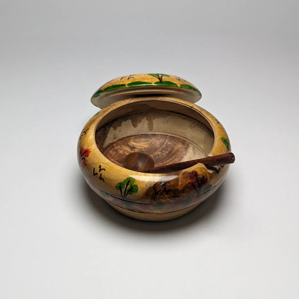 Hand-Painted Wooden Sugar Pot with Lid & Spoon