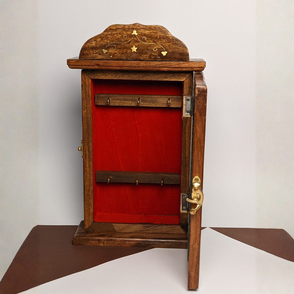 Handmade Wooden Wall Mounted Key Box with Glass Panel and 6 Key Hooks