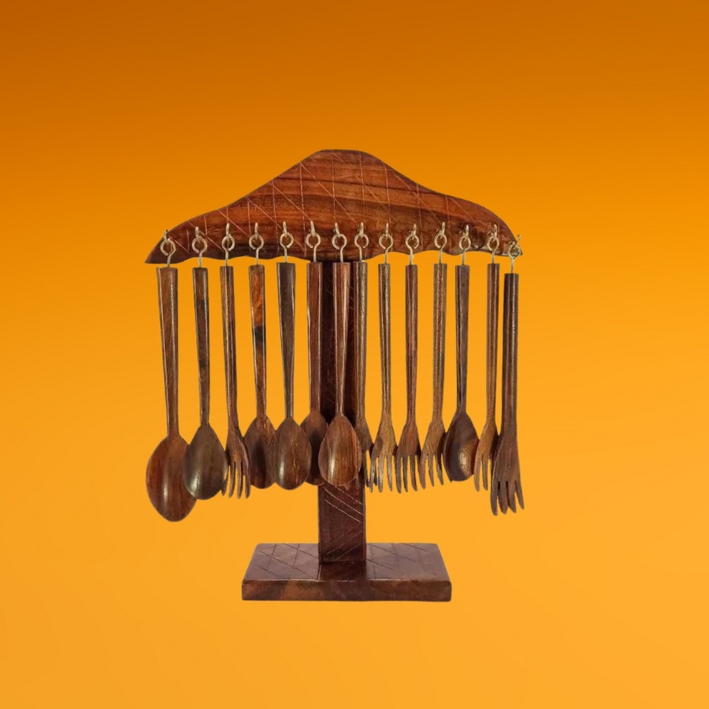 Wooden Spoon & Fork Set with Stand